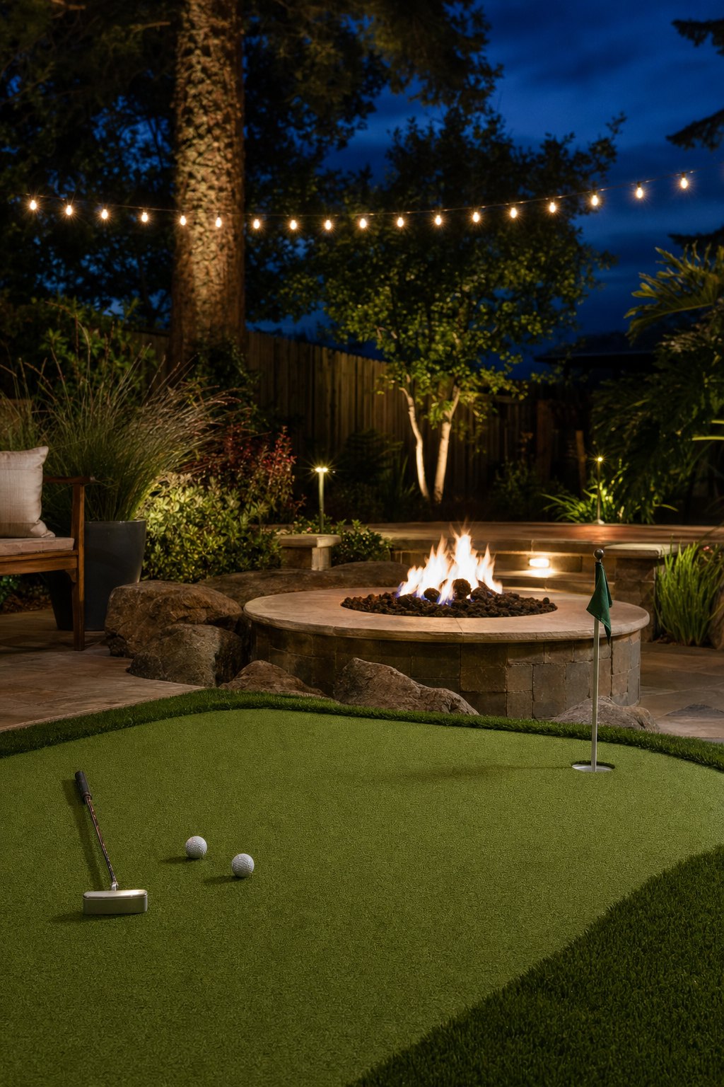 Putting Green Meets Fire Pit backyard golf idea