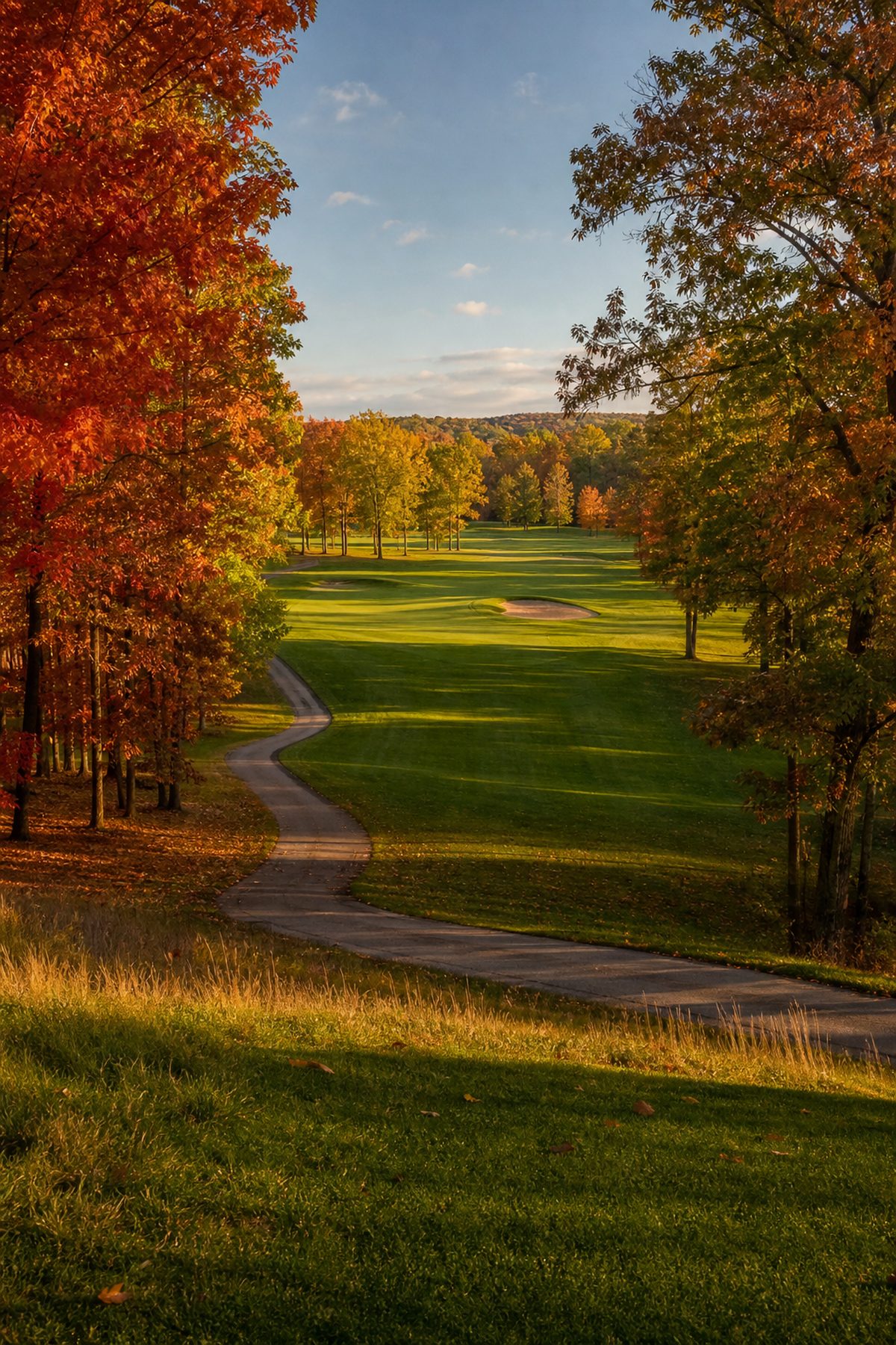 Golf fairway framed by peak autumn foliage in red and gold