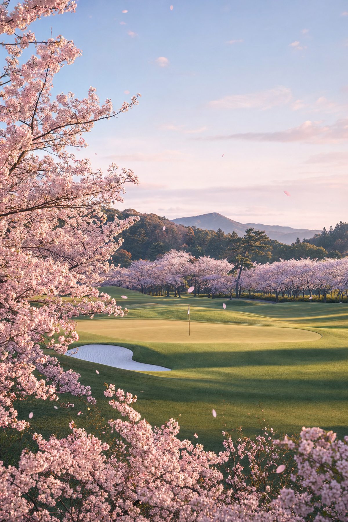 Golf green beneath cherry blossom trees in full bloom