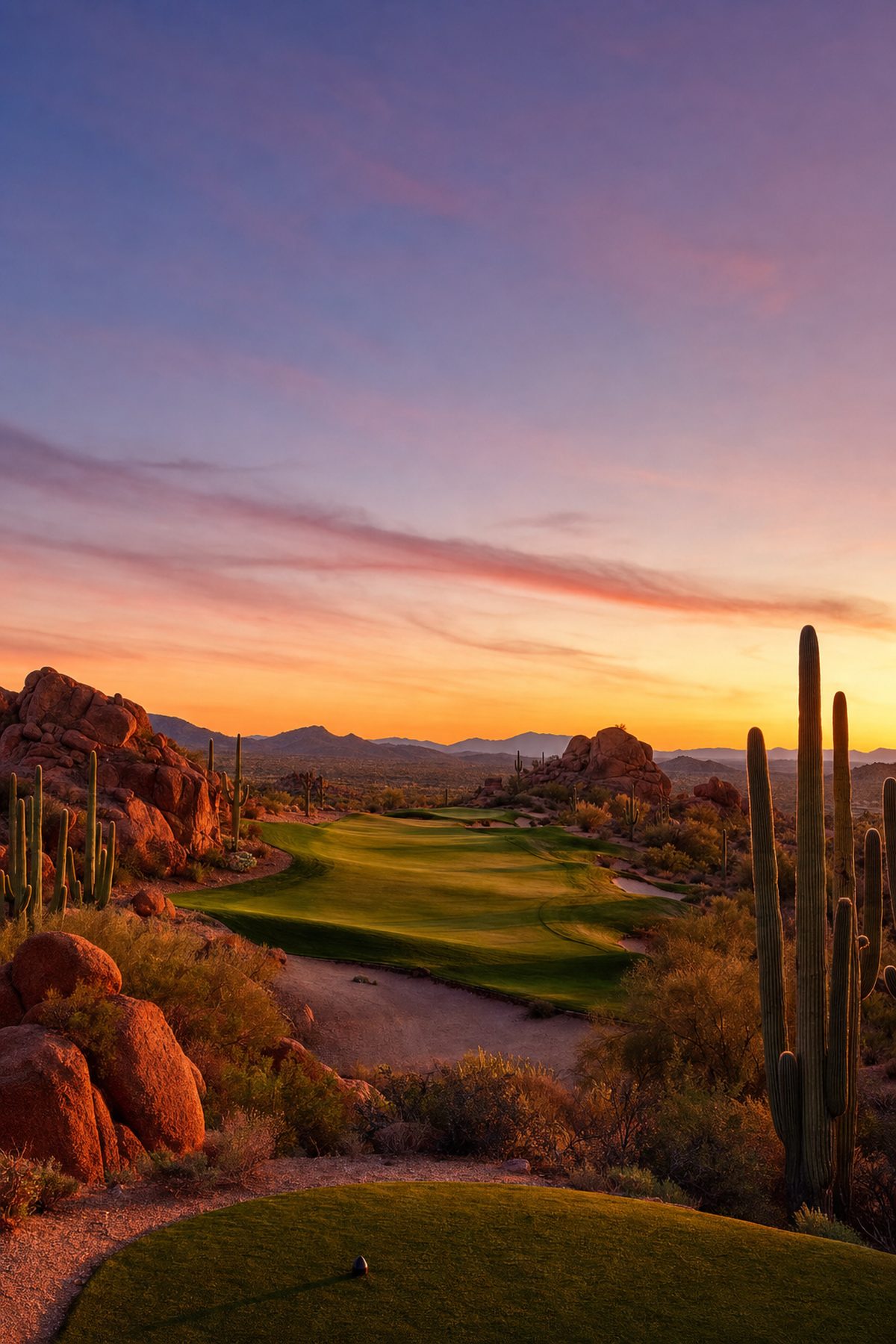 Emerald desert golf fairway winding between red rock and cactus at sunset