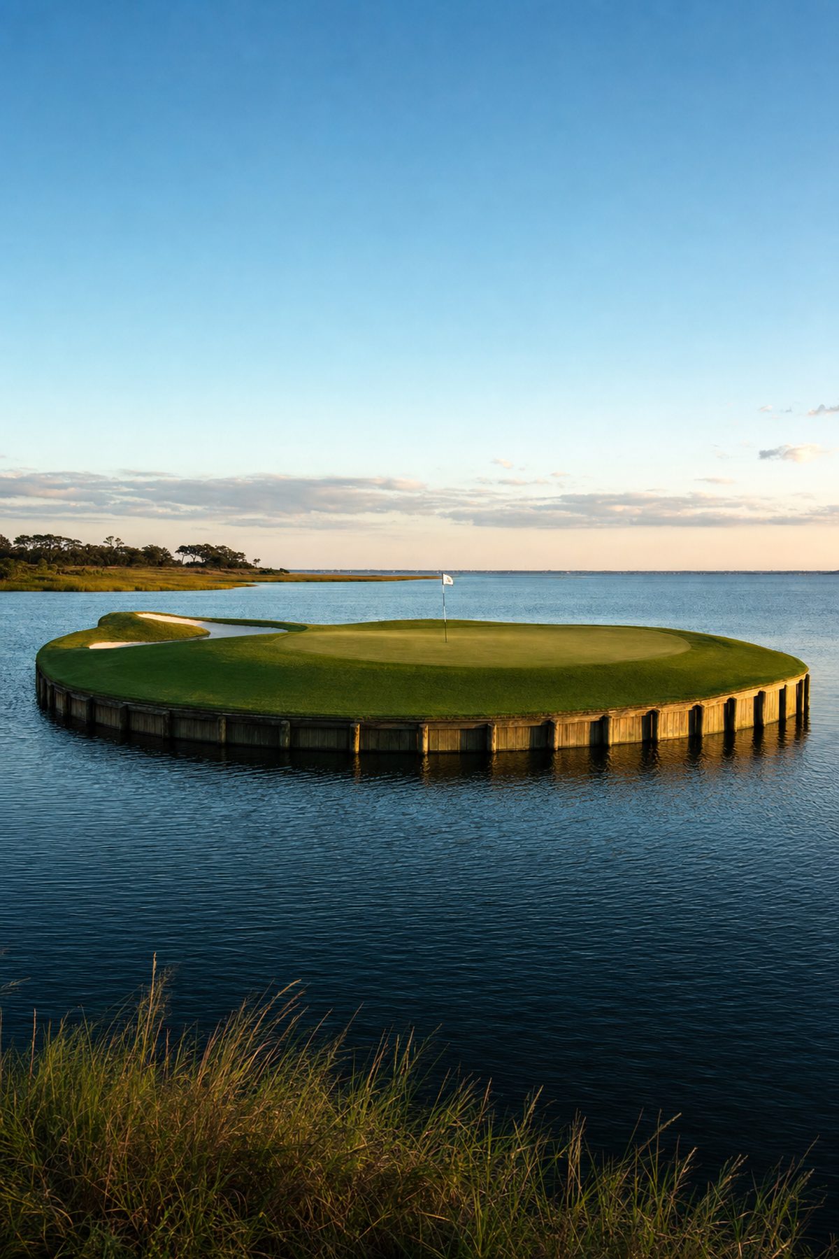 Par-3 island green surrounded by water at dawn with mist rising