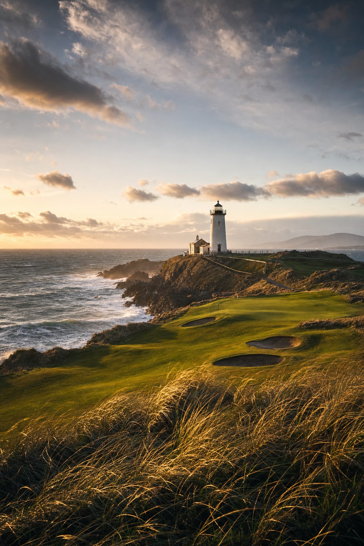 Clifftop links golf hole with a lighthouse at golden hour