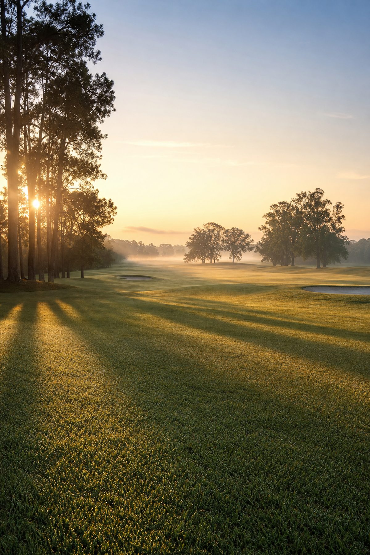 Fog hanging over an empty golf fairway at first light