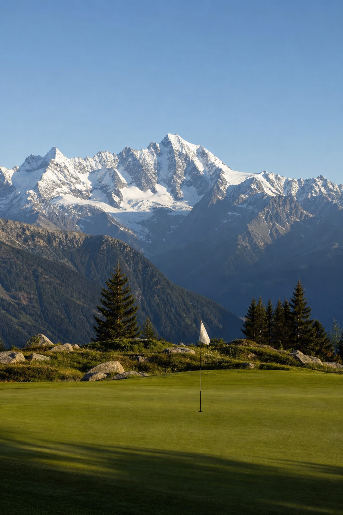 Elevated mountain golf fairway with alpine peaks in the background
