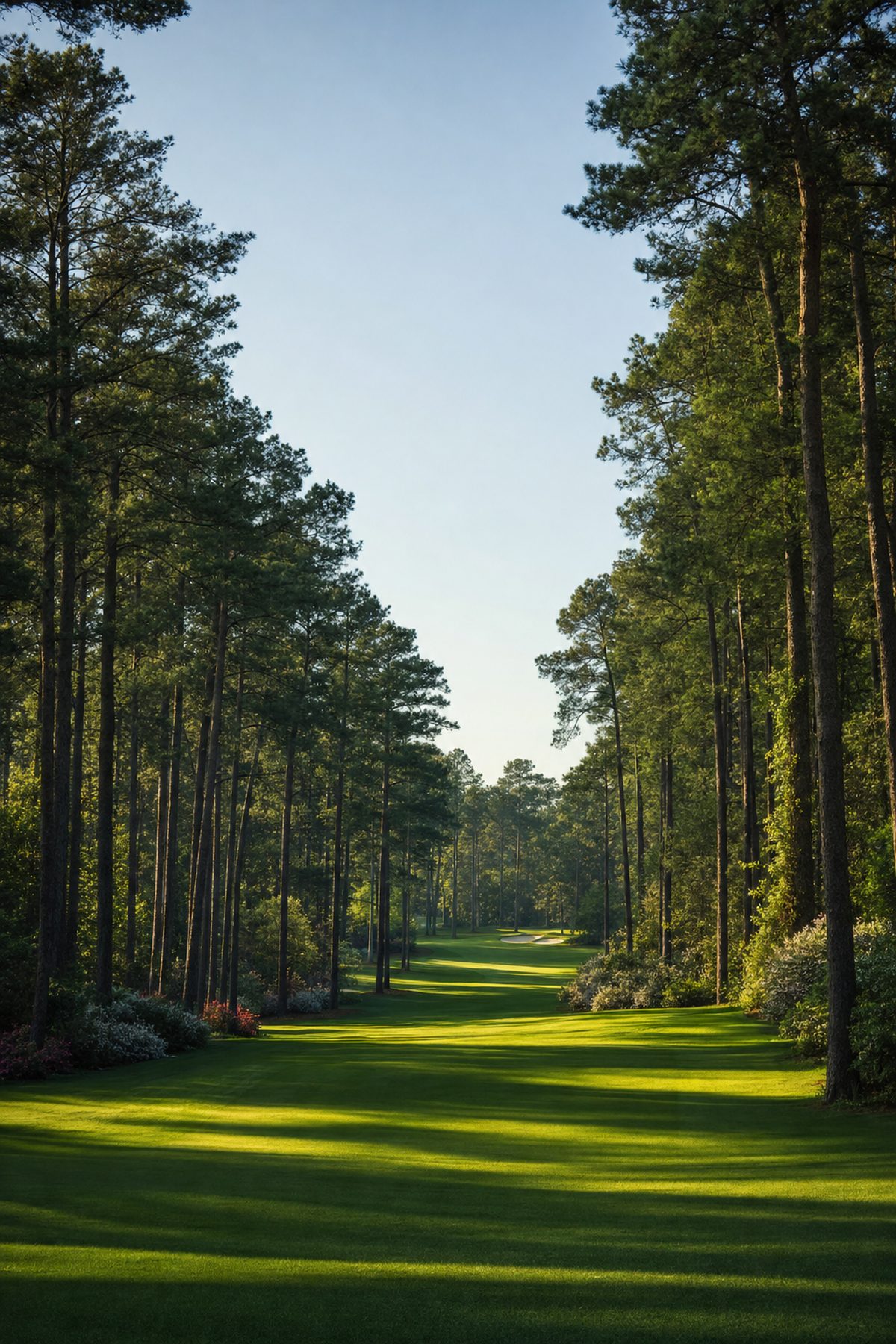 Golf fairway framed by towering pine trees forming a natural cathedral
