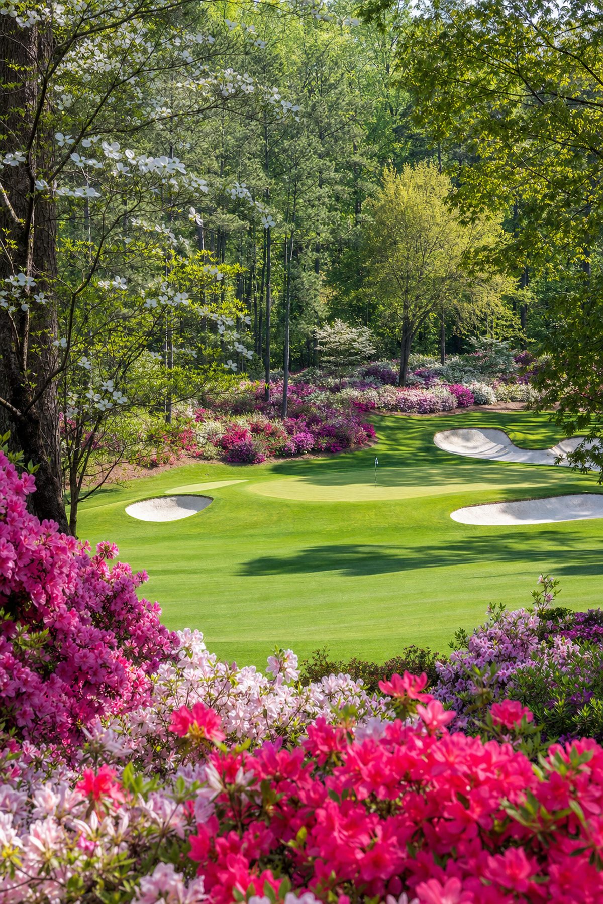 Golf green framed by blooming pink and white azaleas in spring