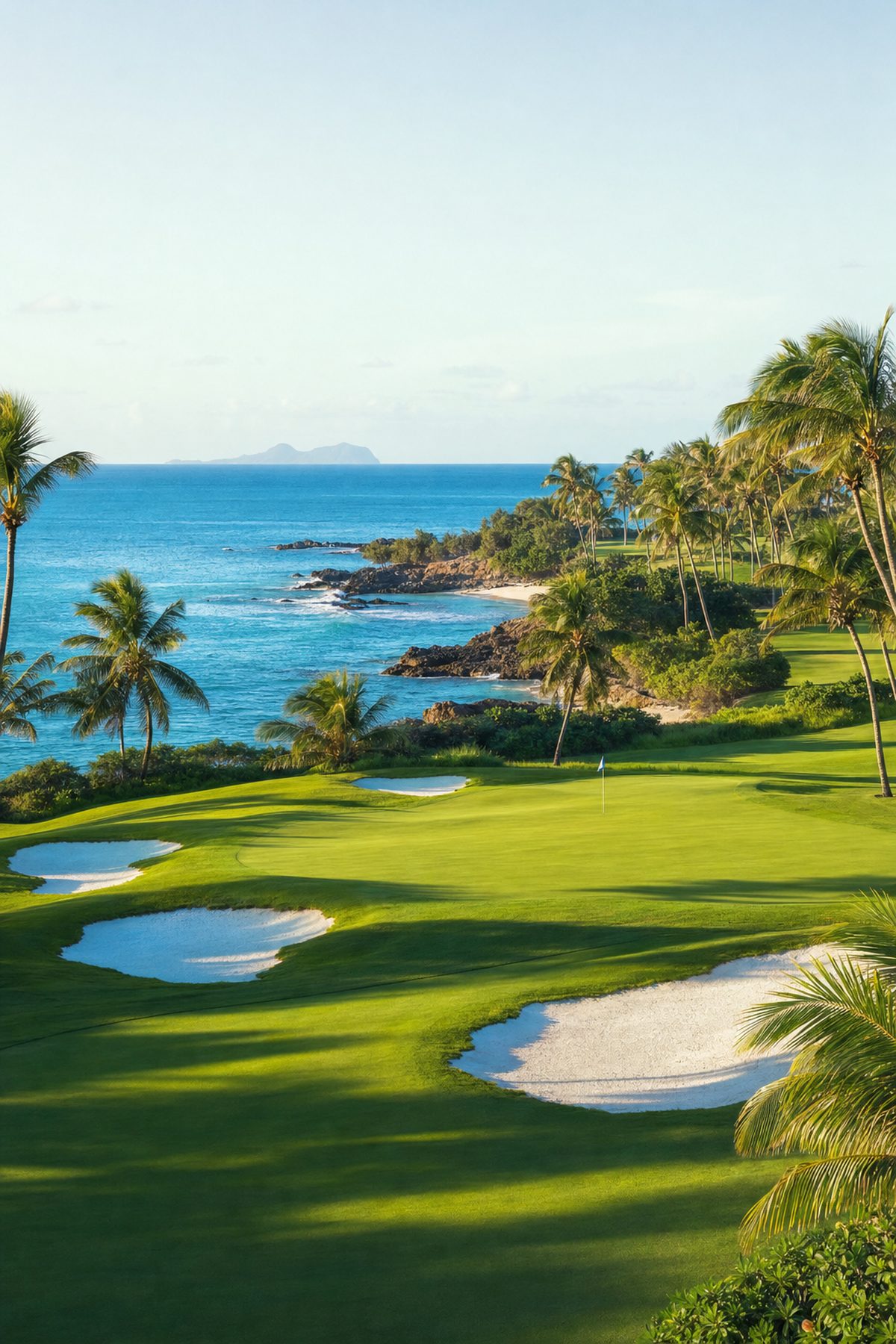 Tropical golf fairway lined with palm trees beside turquoise water