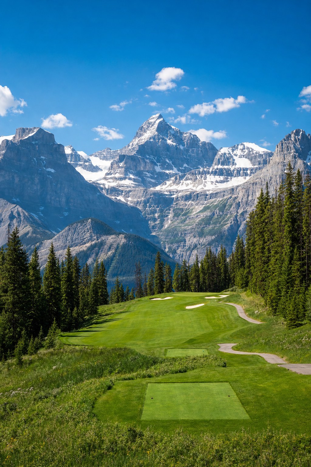 Mountain golf wallpaper of a green fairway beneath snow-capped peaks