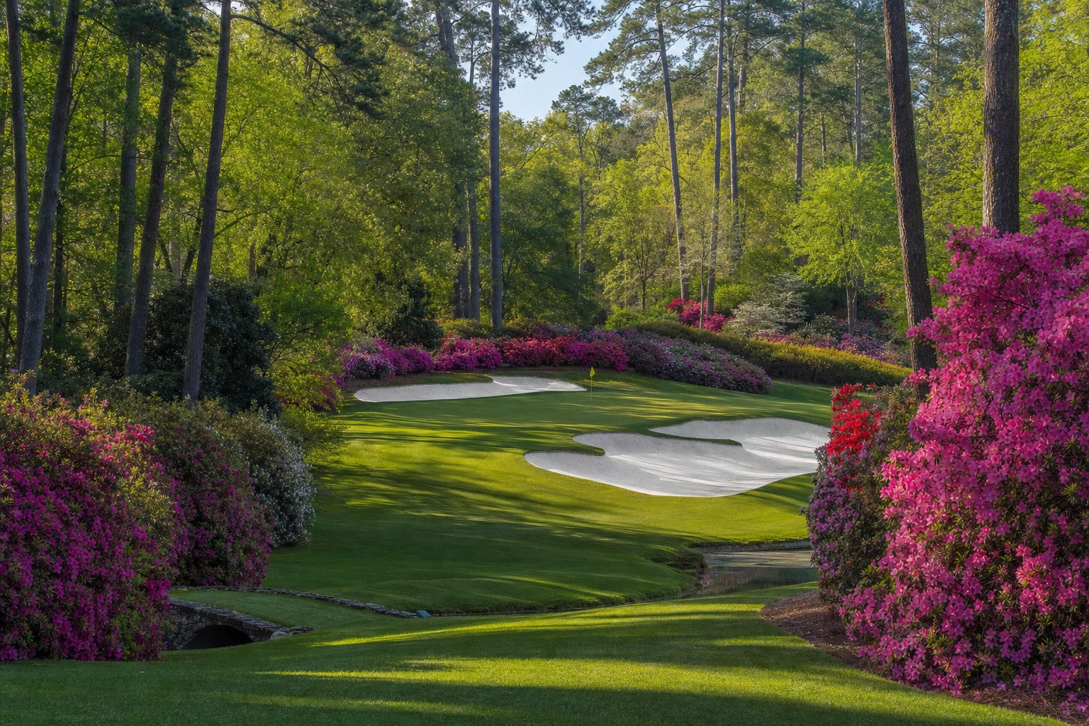 Desktop golf wallpaper of a parkland hole framed by pink spring blooms