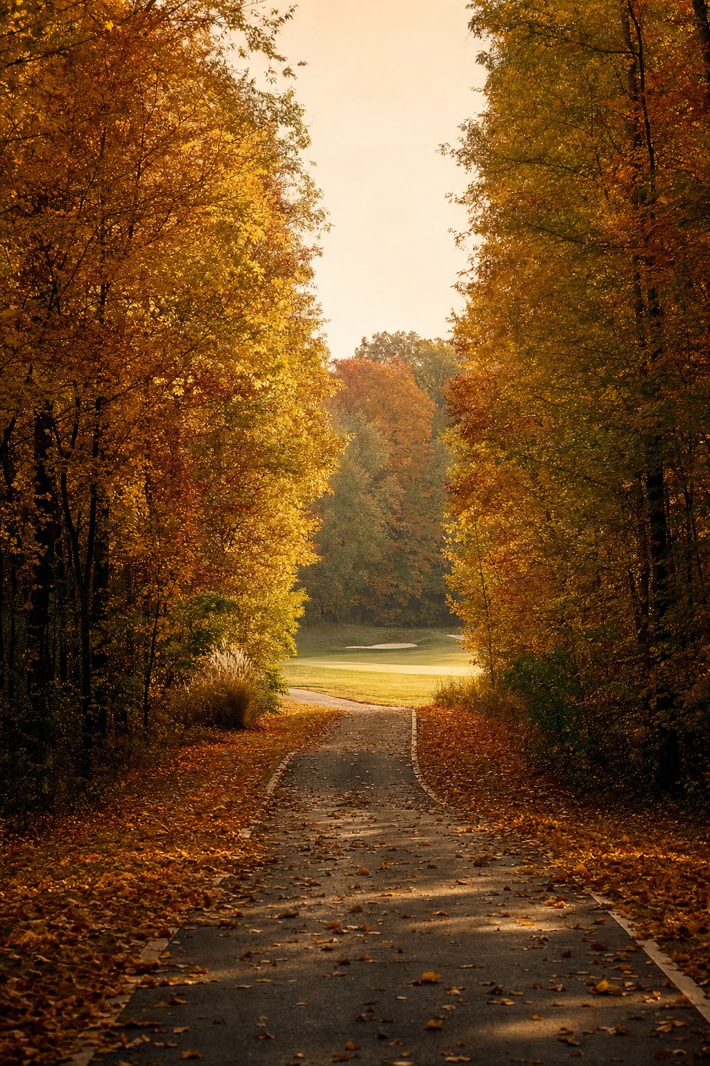 Autumn golf wallpaper of a tree tunnel in fall color leading to a green