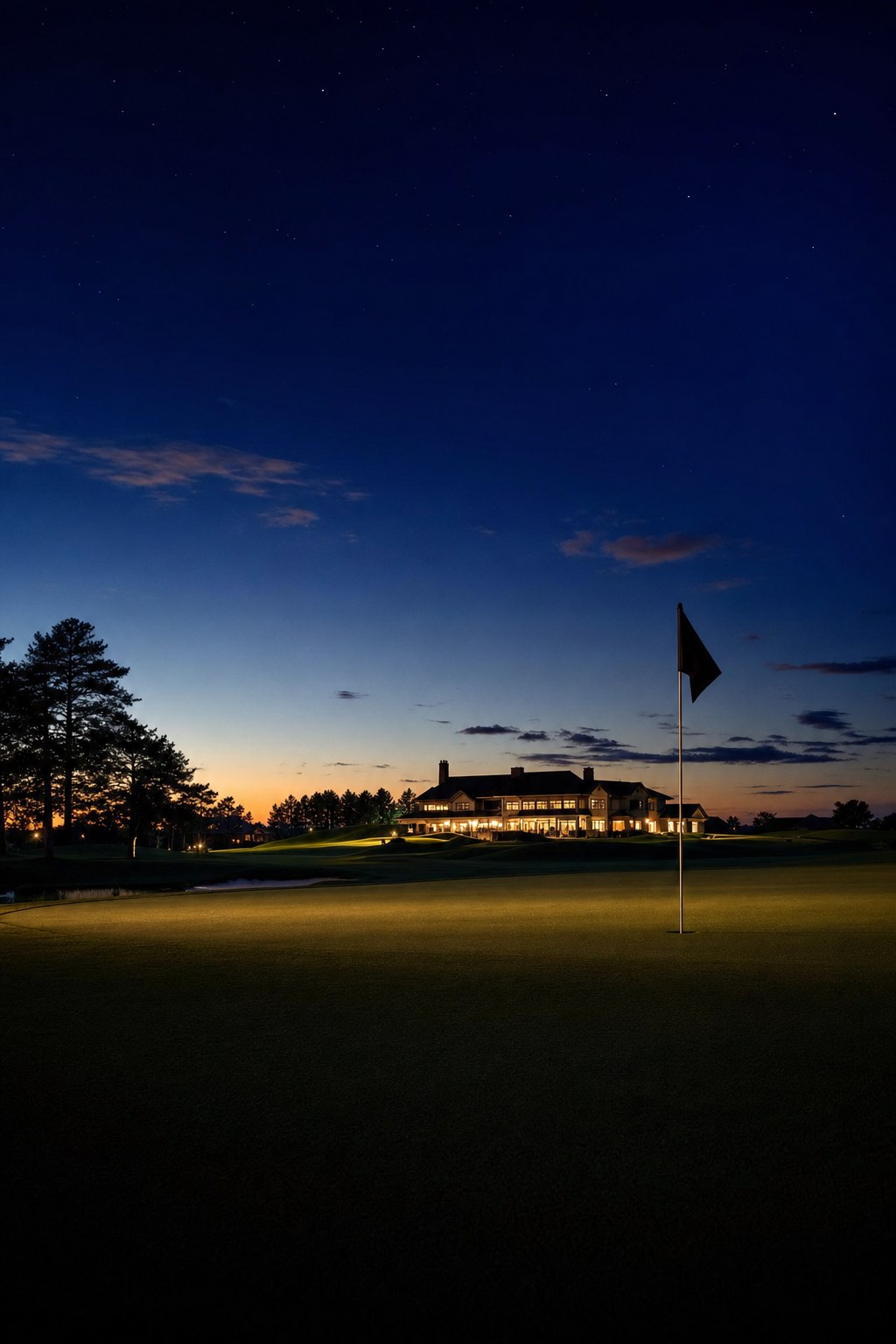 Golf wallpaper of a course at blue hour with the flagstick silhouetted