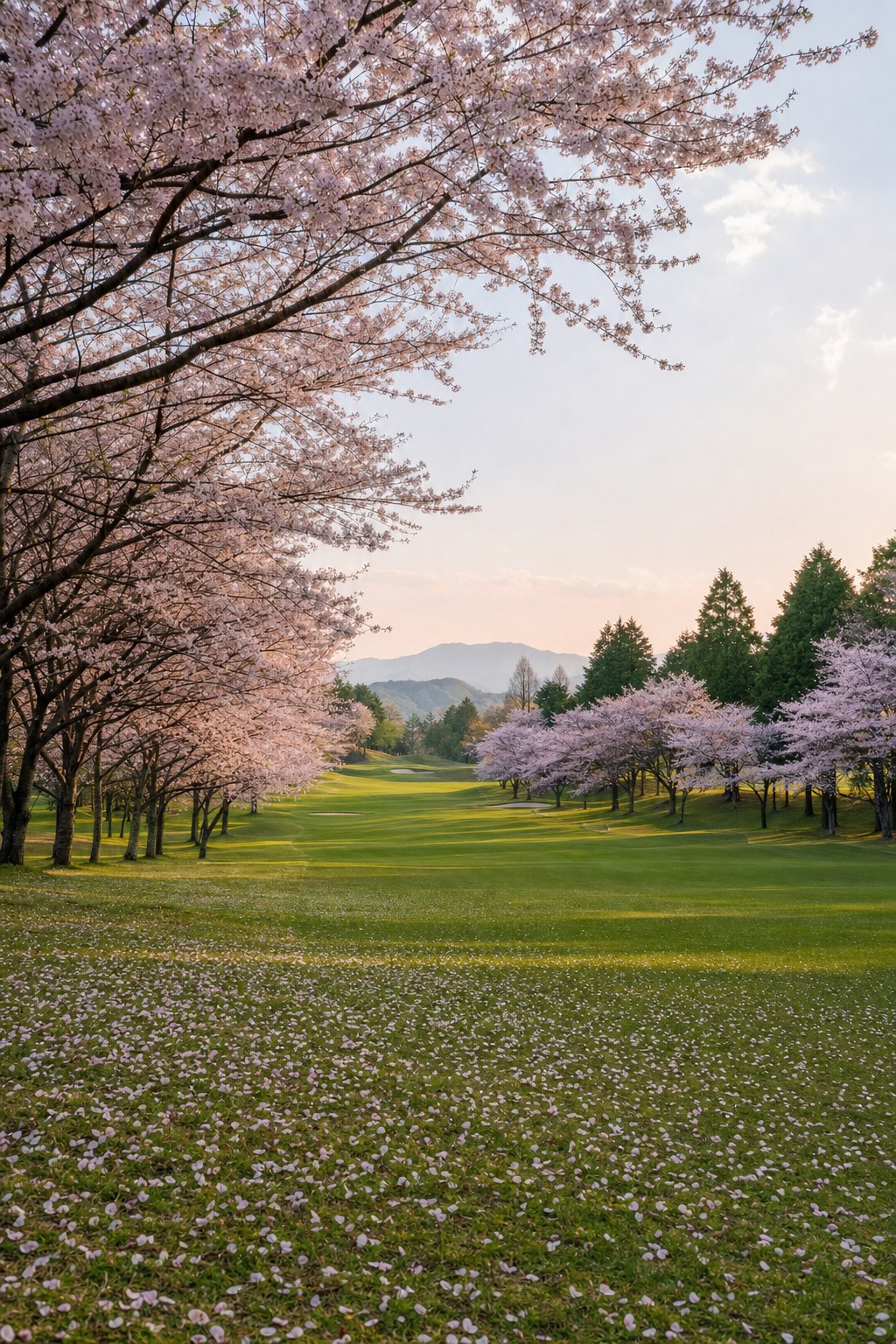Spring golf wallpaper of cherry blossom trees lining a fairway