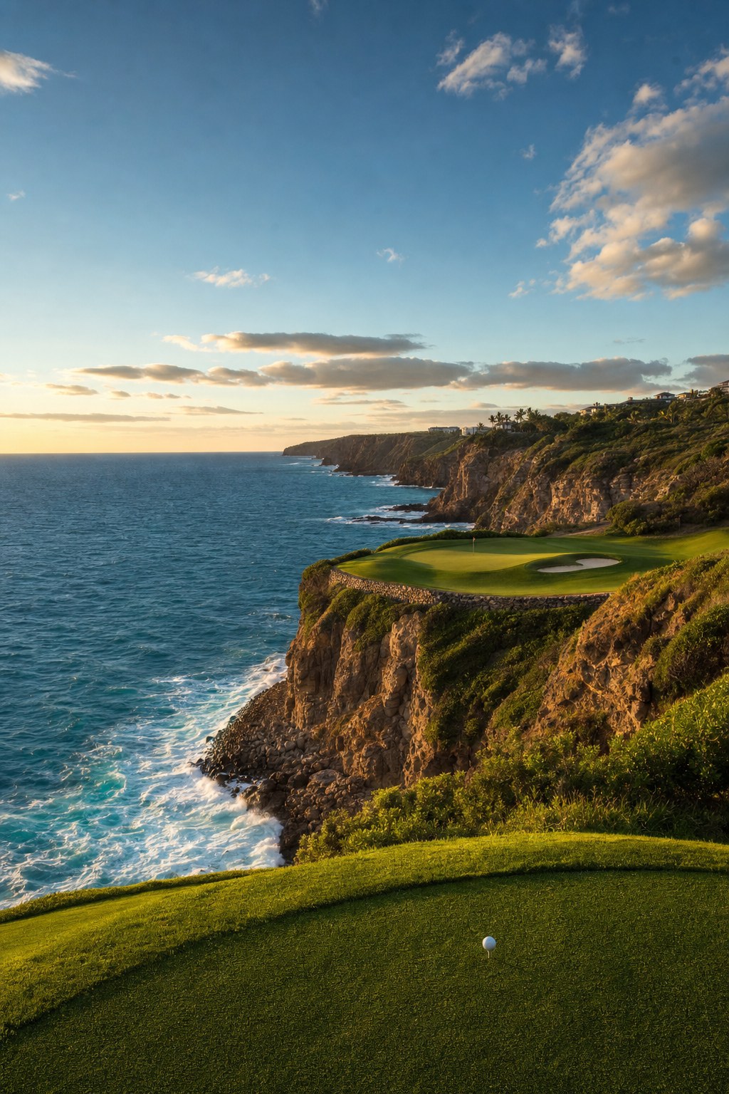 Golf wallpaper of a cliffside par 3 green above a deep blue ocean at golden hour