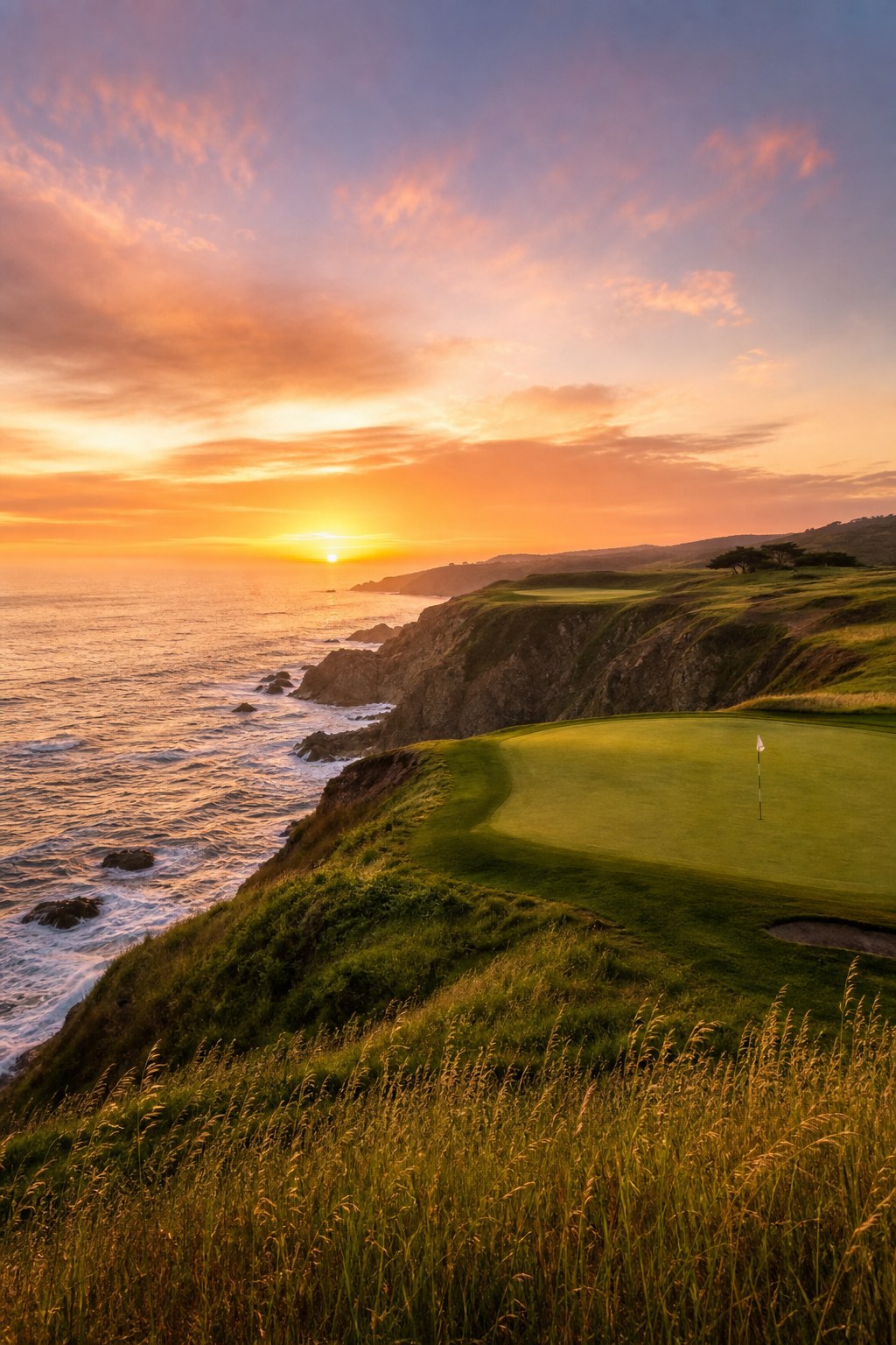 Golf wallpaper of a coastal links course glowing at sunset