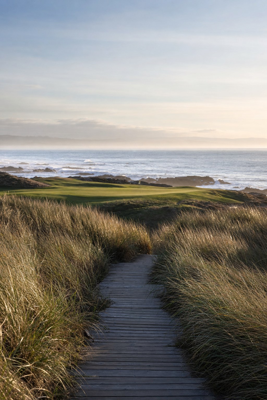 Links golf wallpaper of a wooden boardwalk winding through dunes