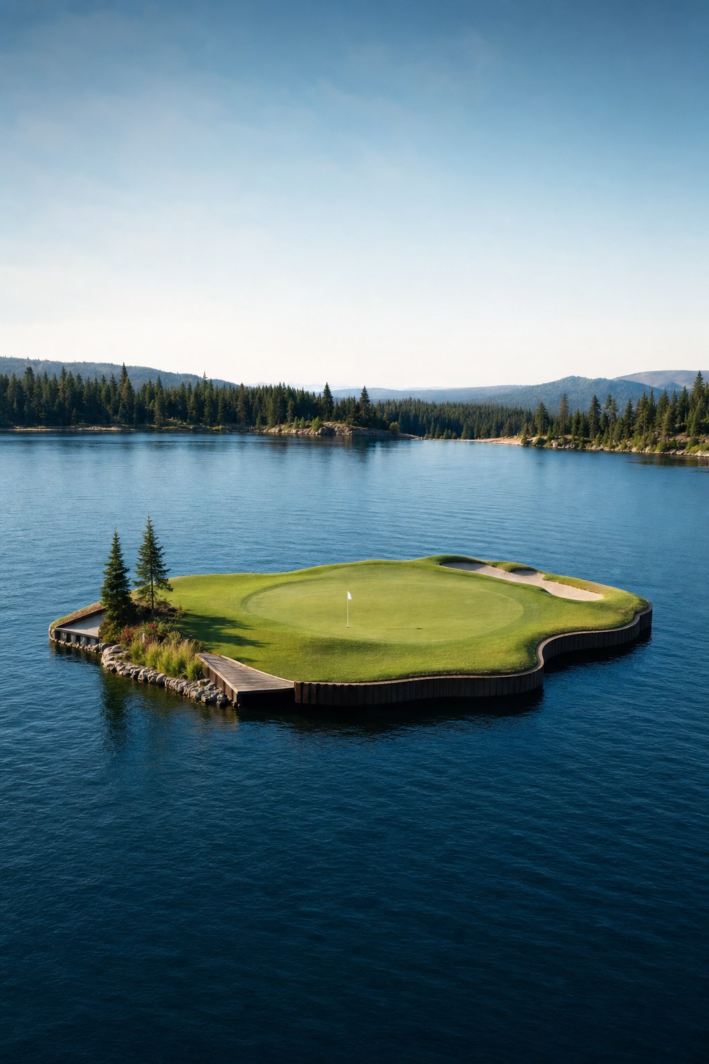 Golf wallpaper of an island green floating on calm water