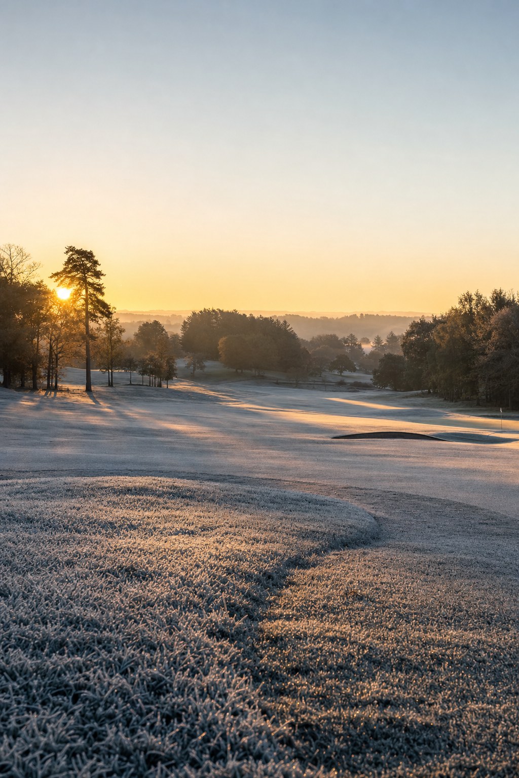Winter golf wallpaper of frost covering a fairway at sunrise
