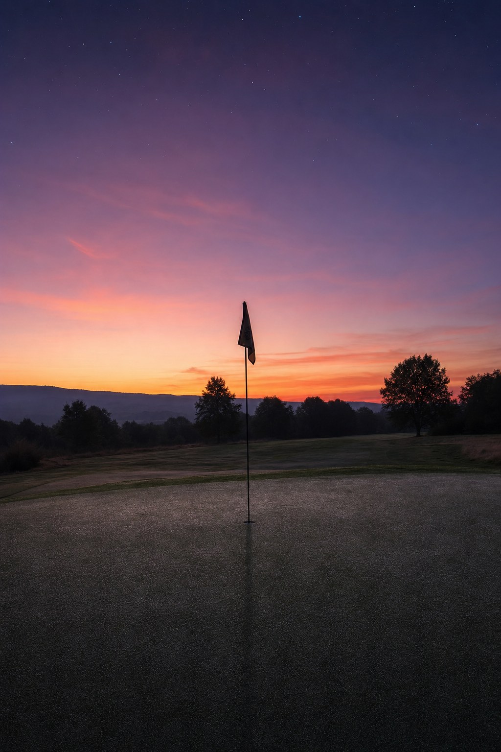 Golf wallpaper of a putting green under a lavender twilight sky