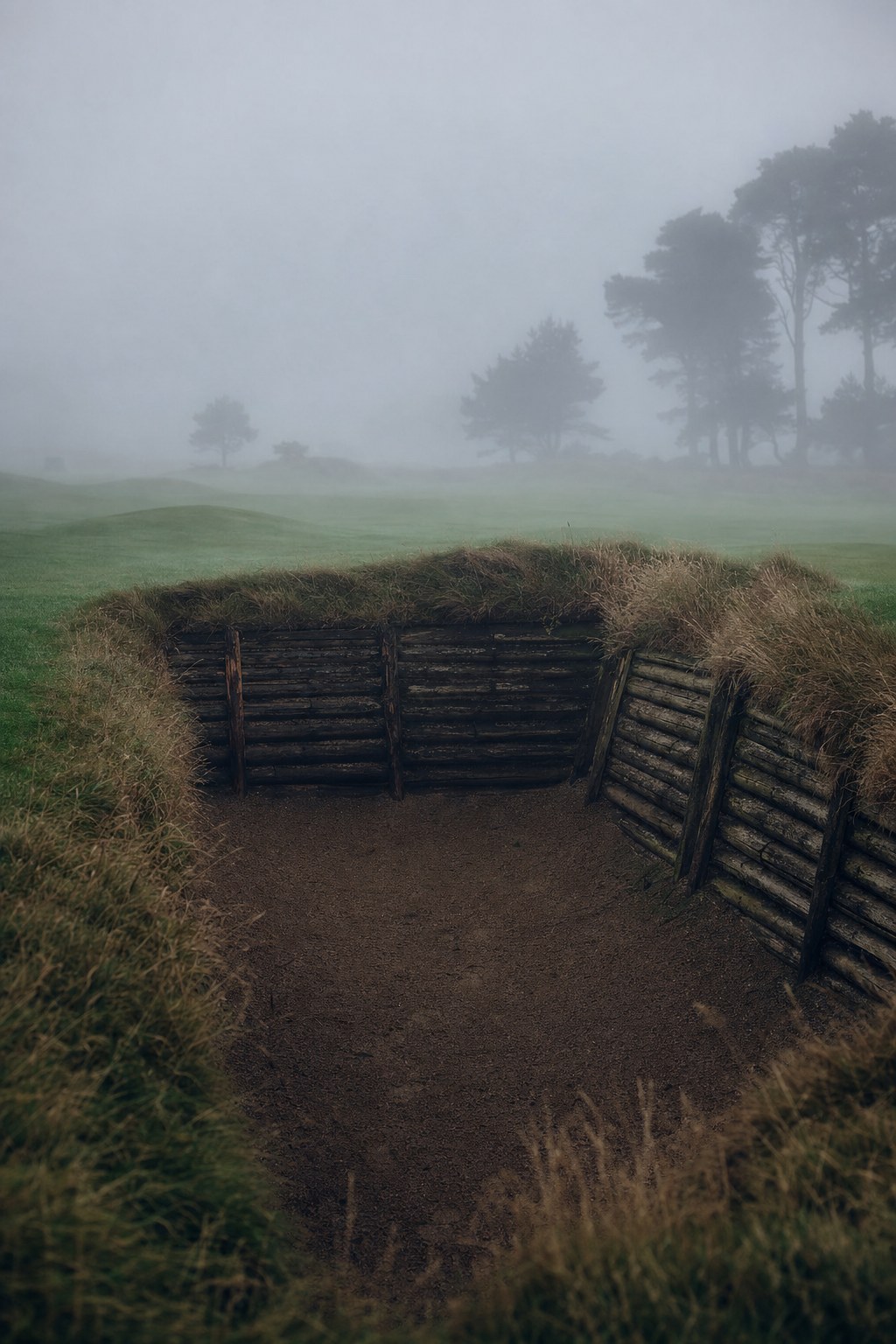 Moody golf wallpaper of a revetted pot bunker in thick morning fog