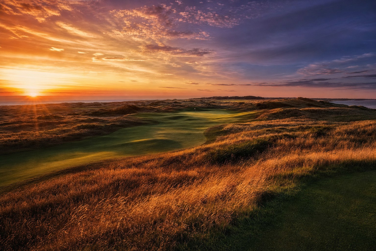 Desktop golf wallpaper of a links course winding through dunes at sunset
