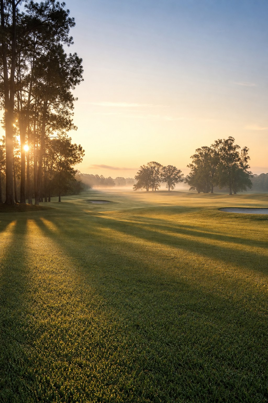 Golf wallpaper of fog hanging over an empty fairway at first light