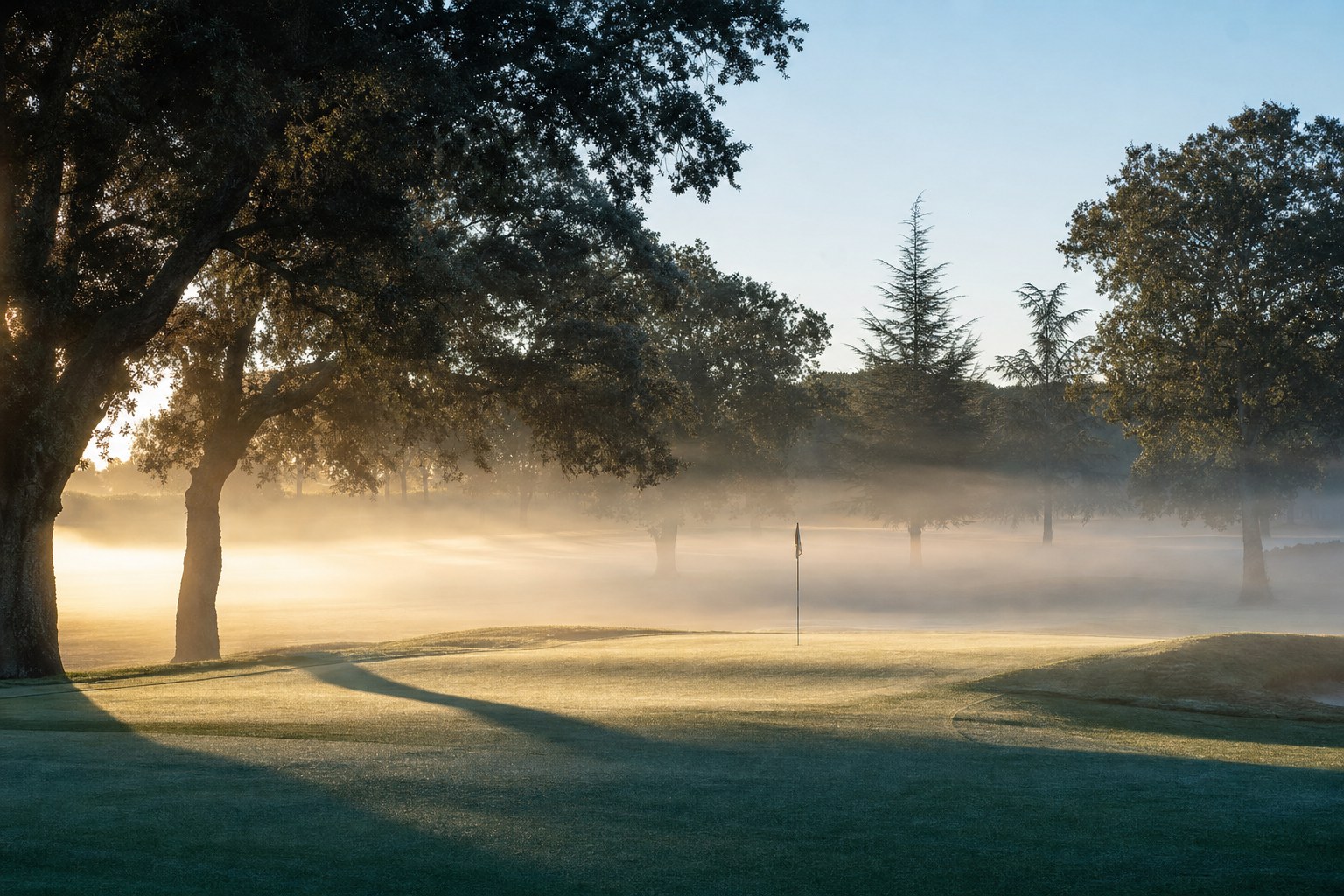 Desktop golf wallpaper of a parkland course in morning mist