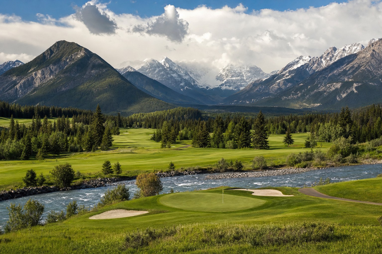 Desktop golf wallpaper of a golf course in a dramatic mountain valley