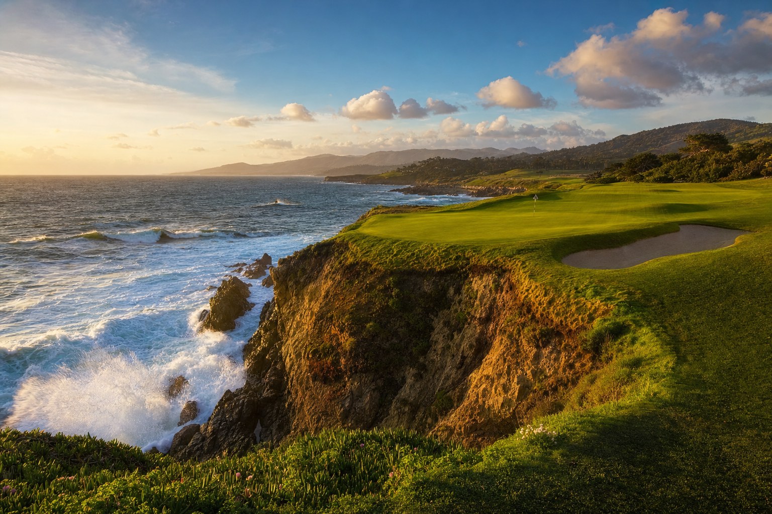 Desktop golf wallpaper of a clifftop golf hole above a rugged coastline