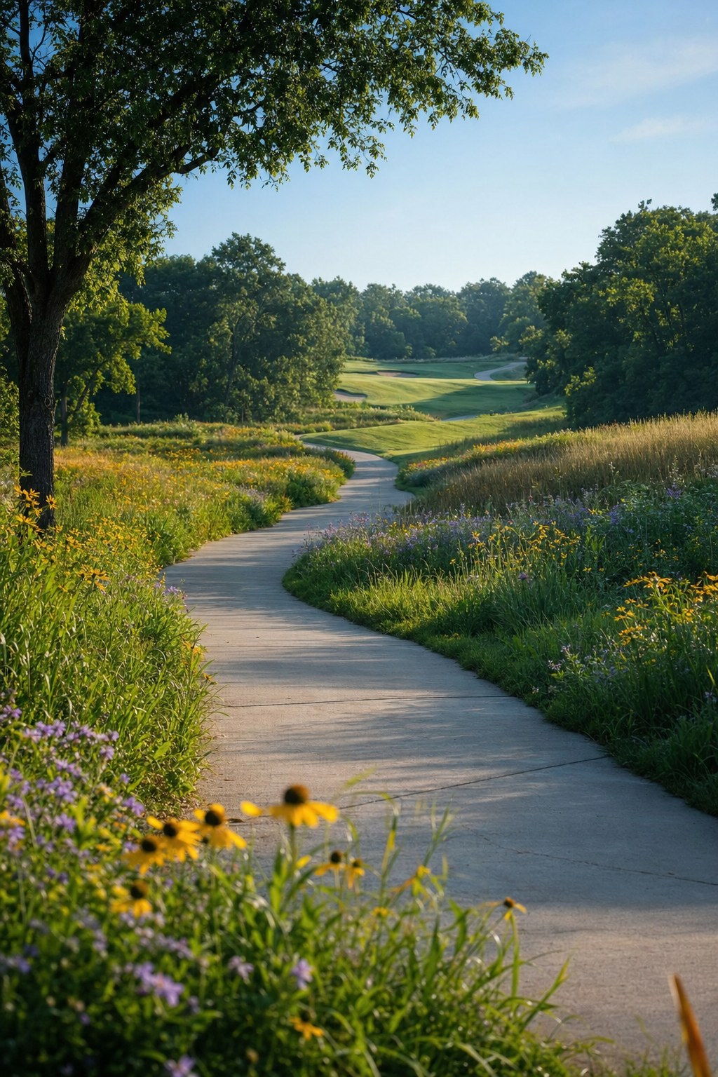 Golf wallpaper of a cart path winding through wildflowers toward a green